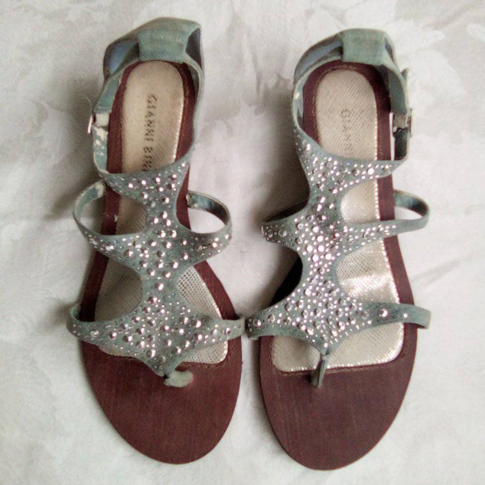 Gianni Bini Denim Wedge Sandals with Jewel Accents